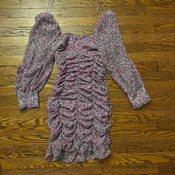 NWT Zara Small S Purple Floral Ruched Mini Dress Puff Sleeve Bodycon - Picture 5 of 5